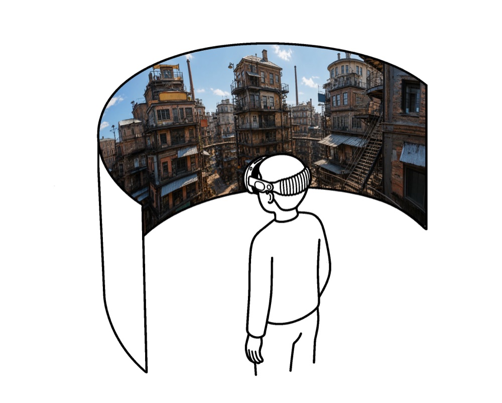 Illustration: a person wearing Apple Vision Pro looks at a cityscape panorama wrapped on a curved panel around them