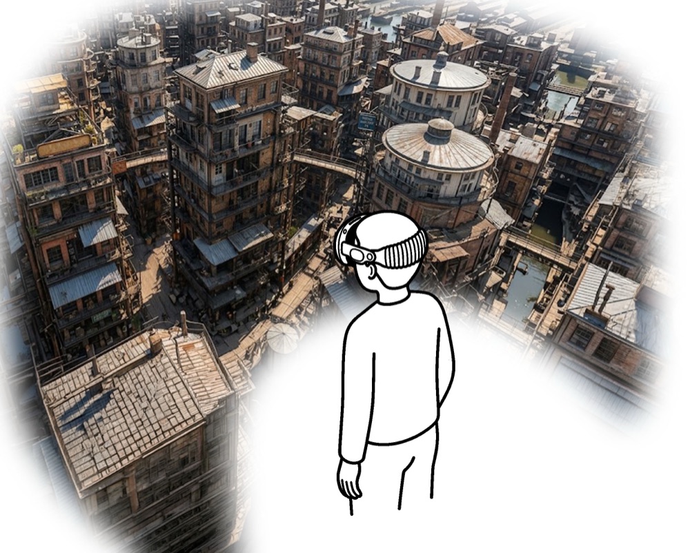 Illustration: the same person now standing inside the city as a fully immersive 3D environment