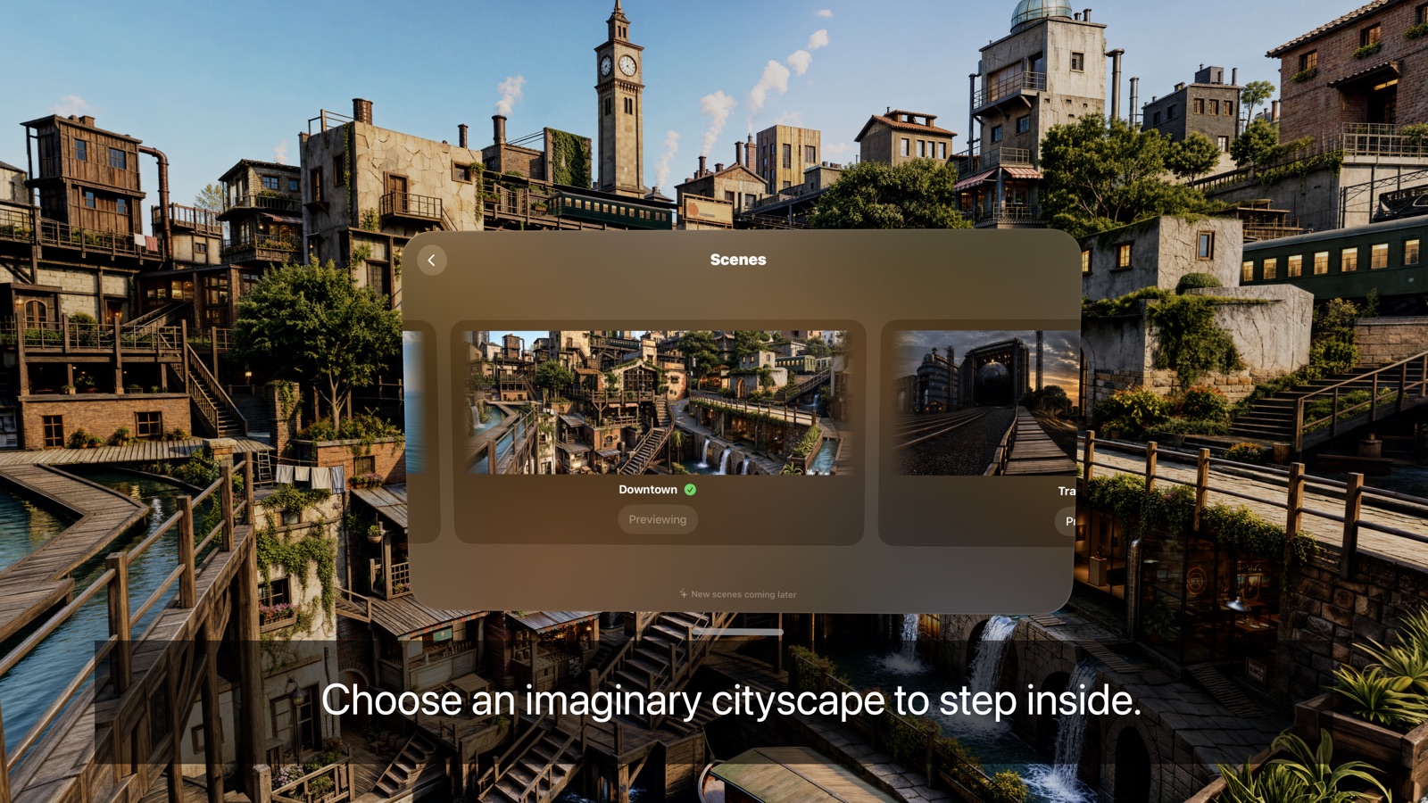 Screenshot: the Scenes panel floating in front of a cityscape panorama, with the Downtown scene selected