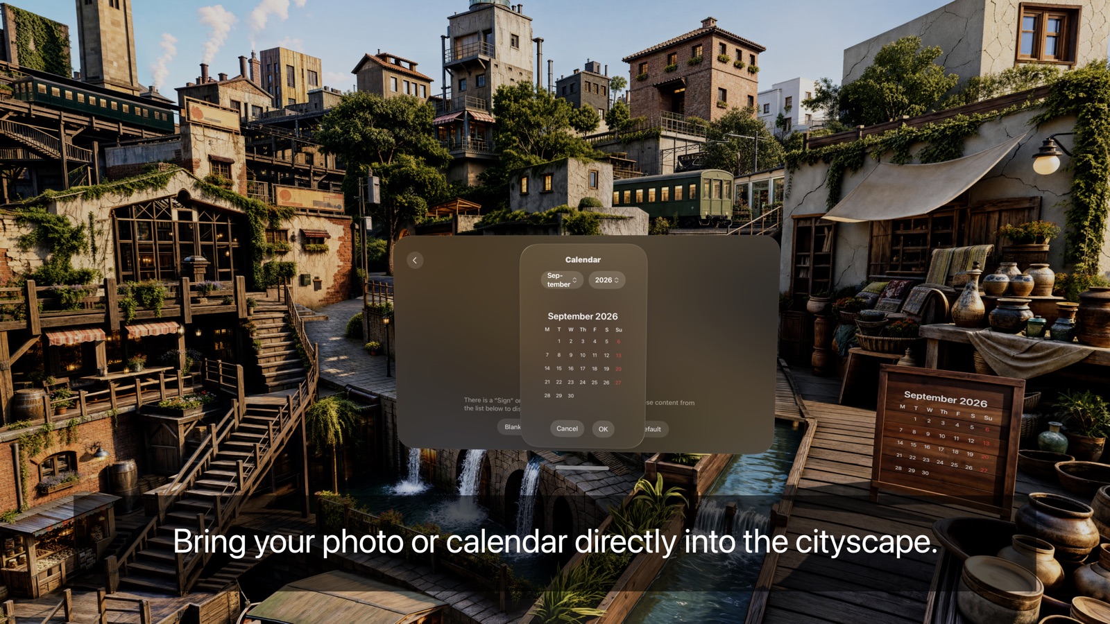 Screenshot: a calendar picker in front of the panorama, with the chosen month rendered onto a sign inside the scene