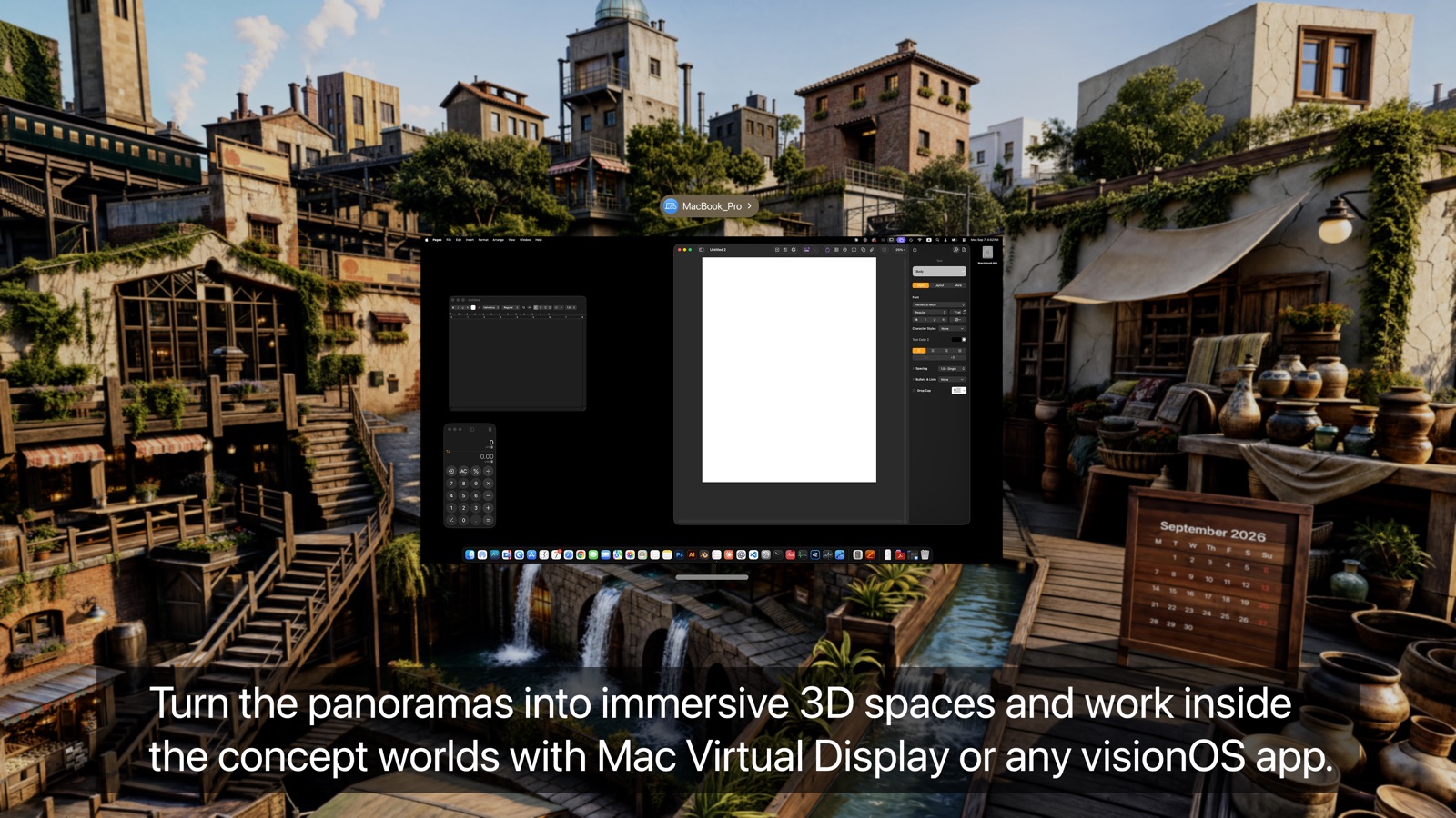 Screenshot: a Mac Virtual Display window floating inside the cityscape environment